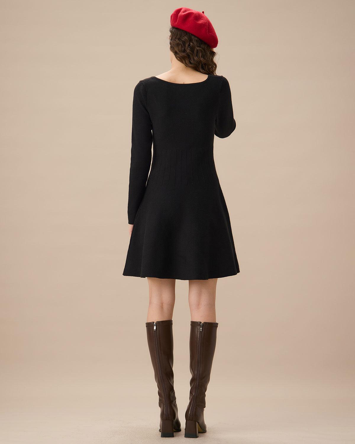 Black Square Neck Ribbed Sweater Dress Product Image