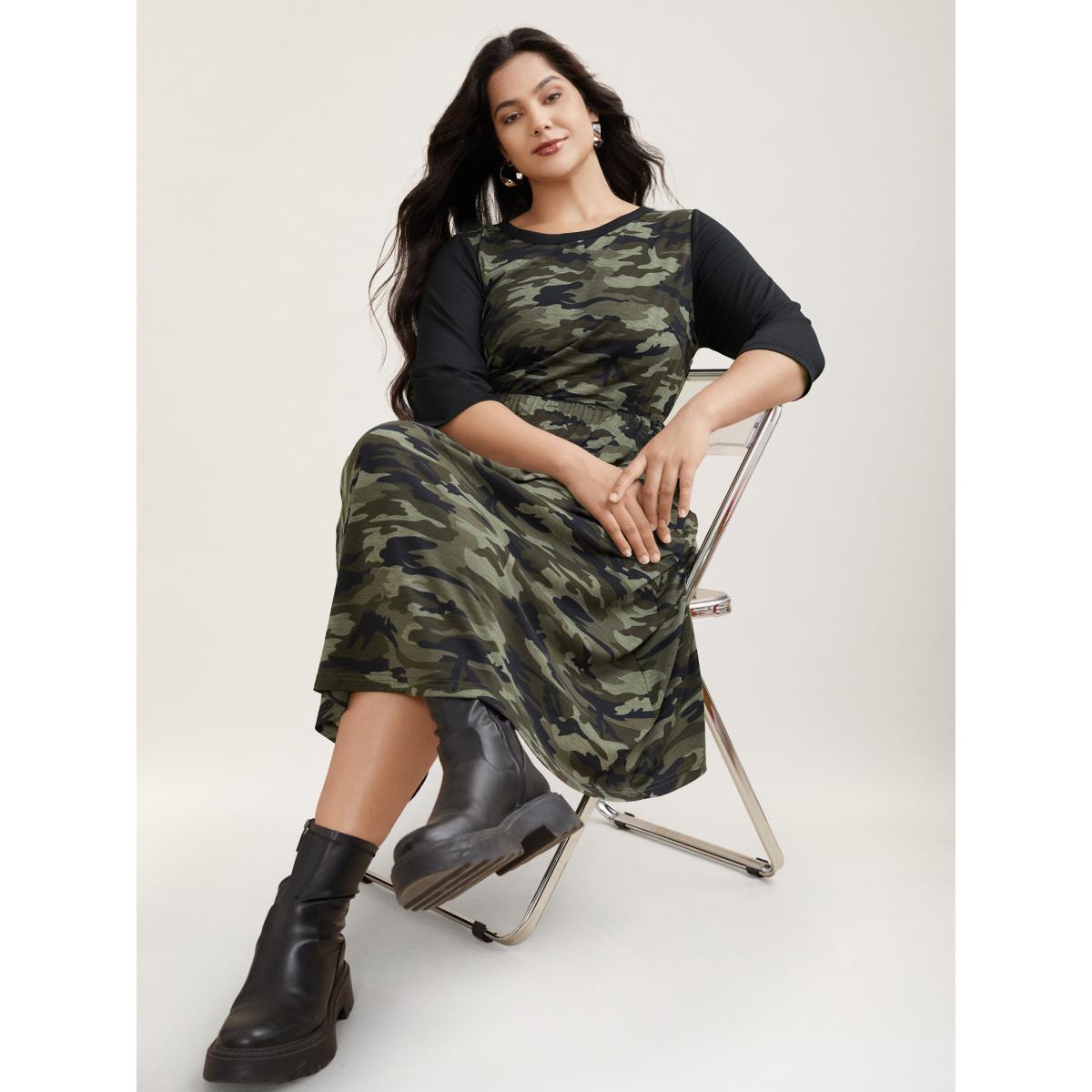 Plus Size Camouflage Print Contrast Spliced Midi Dress ArmyGreen Women Casual Patchwork Knit Dresses Bloomchic 14-16/1X Product Image