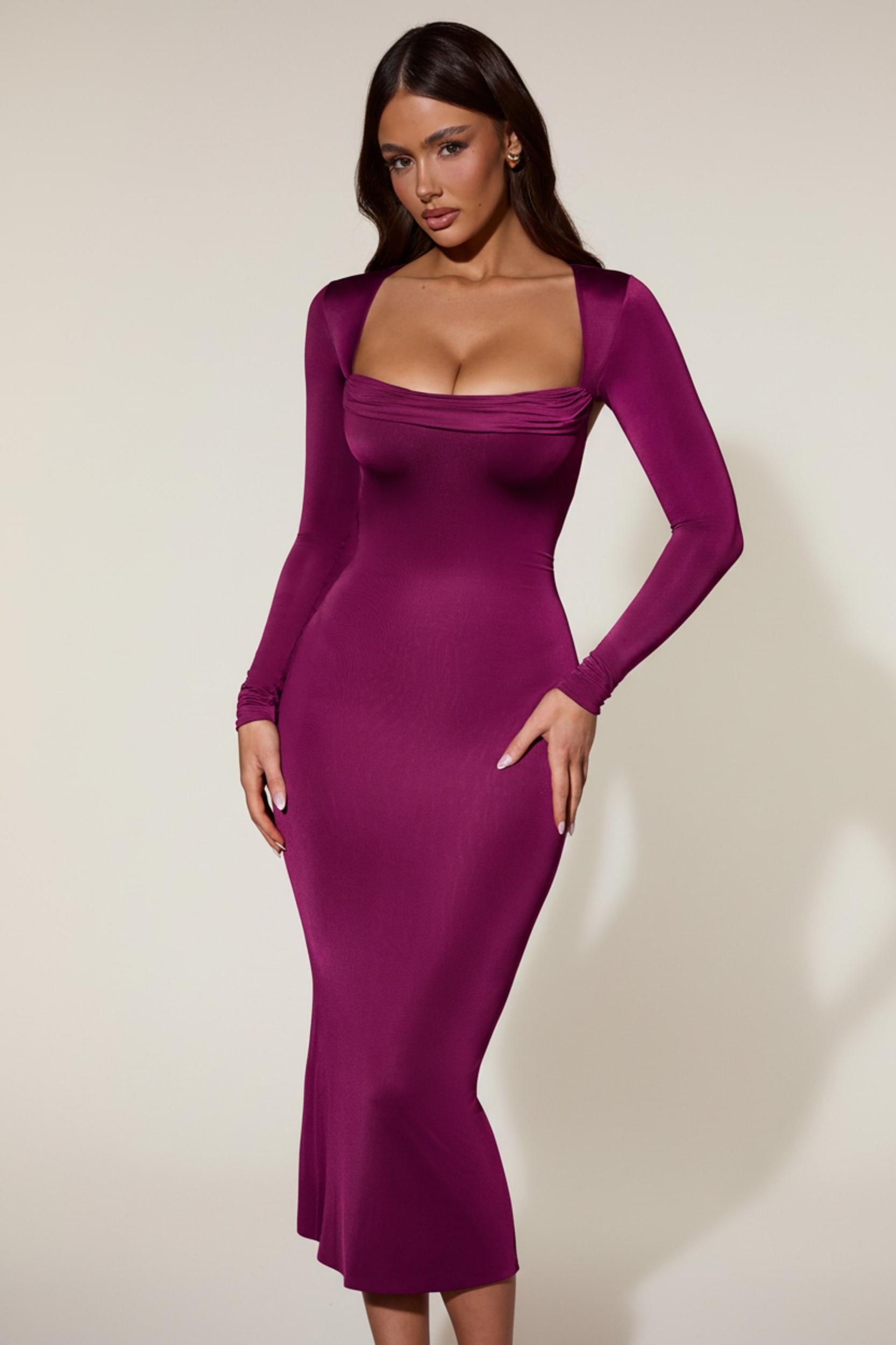 Cowl-Neck Long-Sleeve Midaxi Dress in Plum Product Image