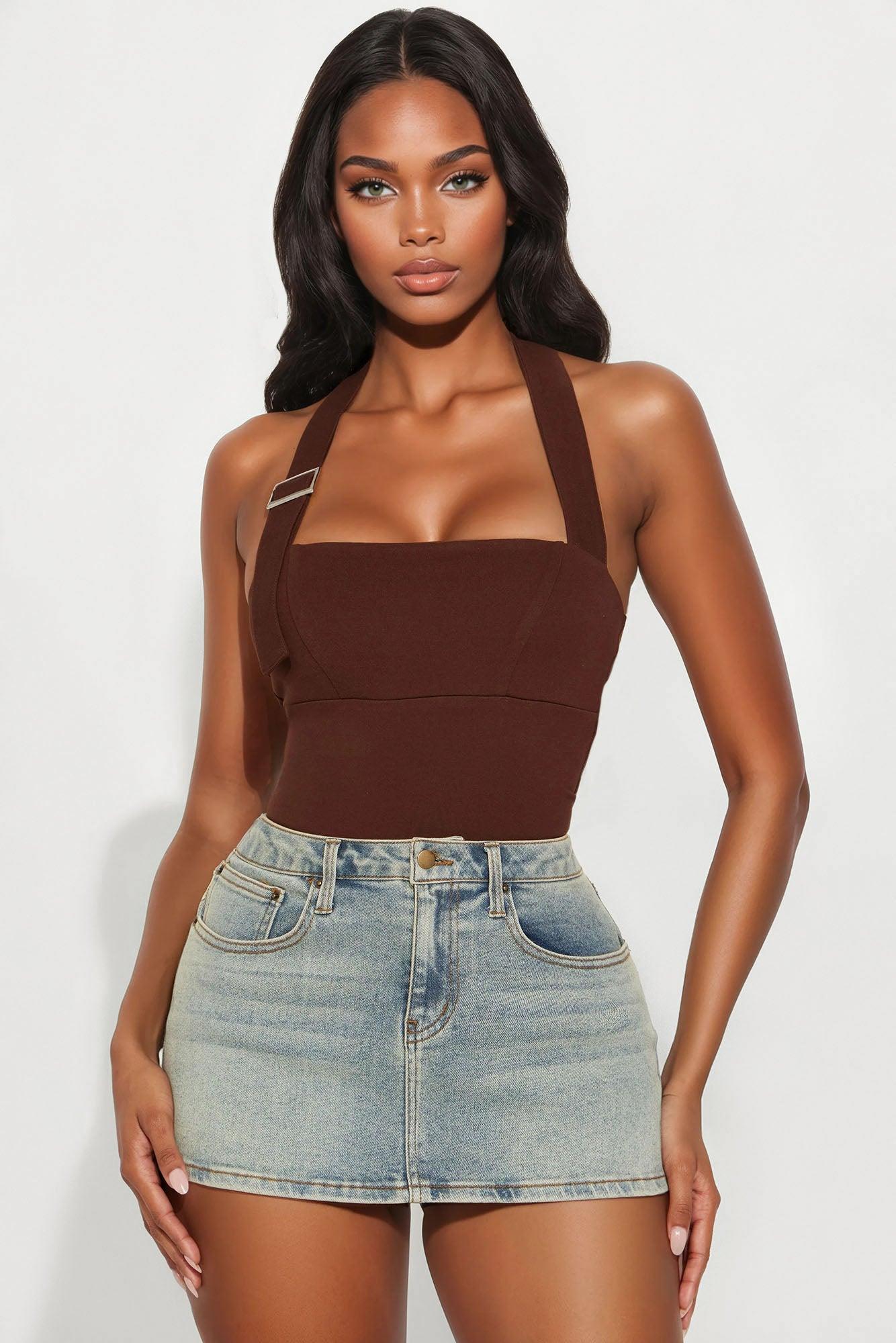 In The Mix Halter Ponte Bodysuit - Brown Female Product Image