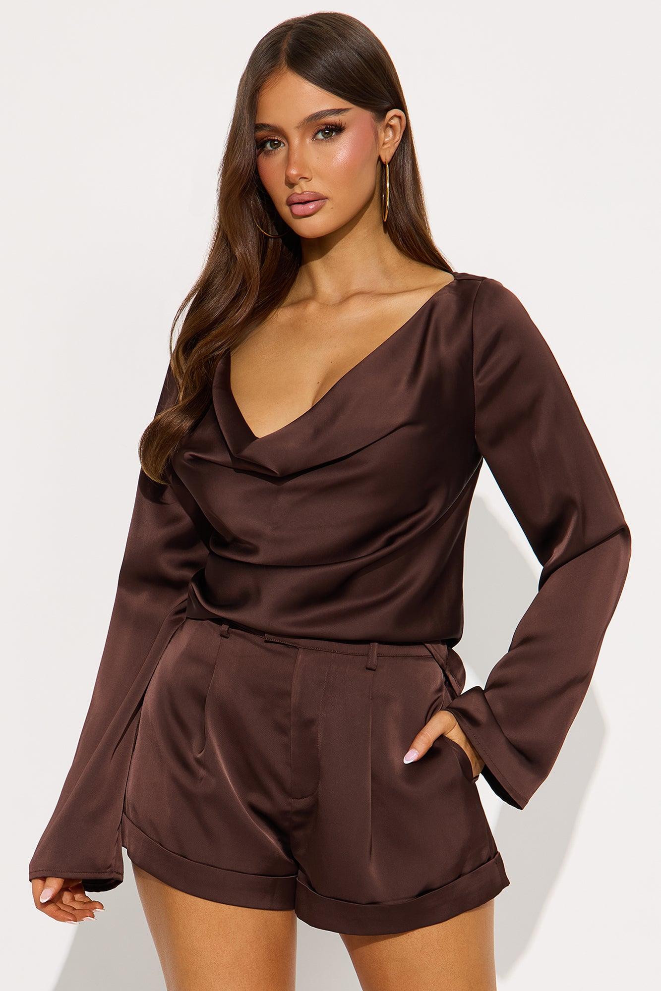 Lania Long Sleeve Satin Short Set - Chocolate Female Product Image