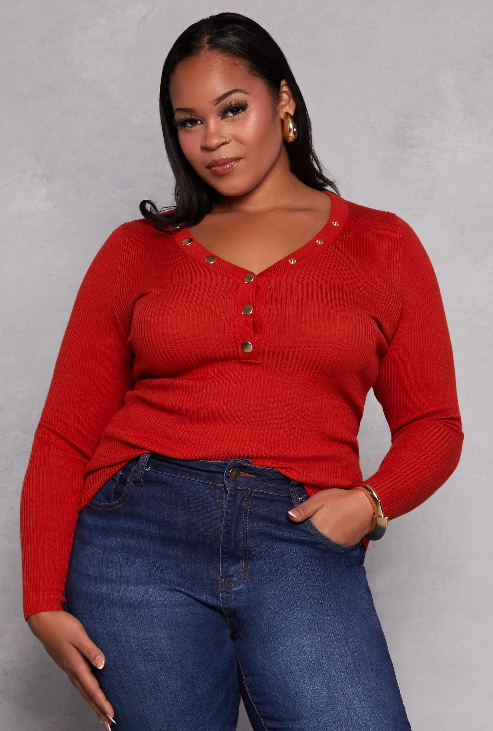 Womens Plus Size Ribbed Knit Long Sleeve Henley Top Product Image