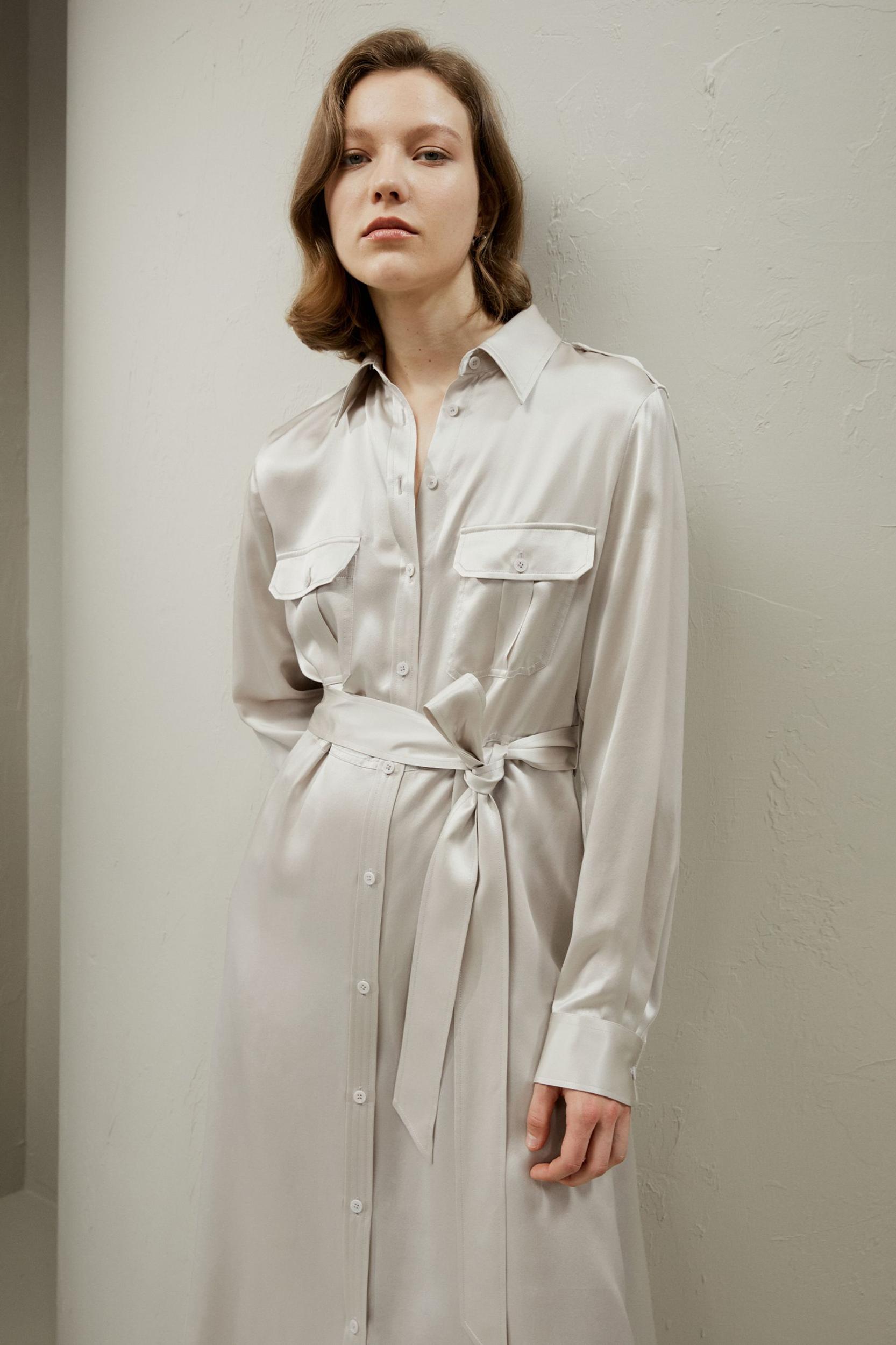 Trench-Style Silk Midi Shirt Dress Product Image