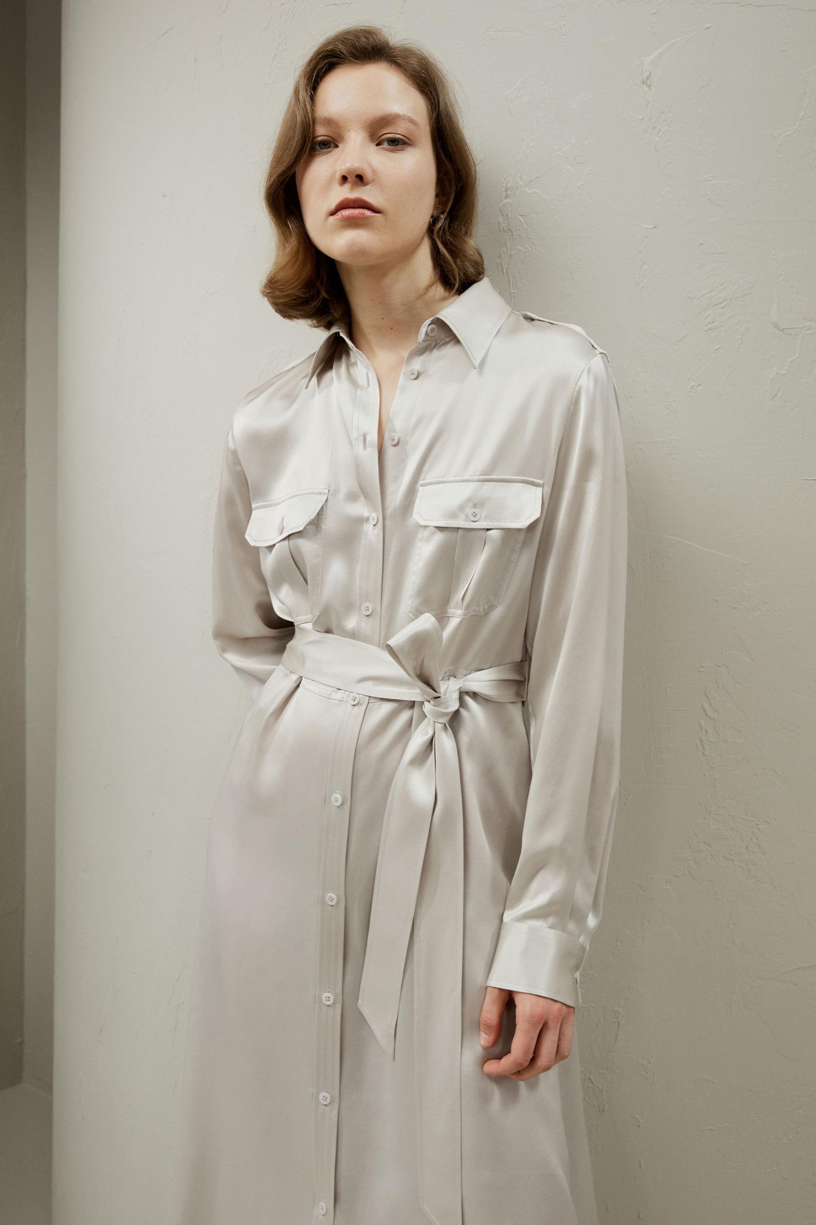 Trench-Style Silk Midi Shirt Dress Product Image