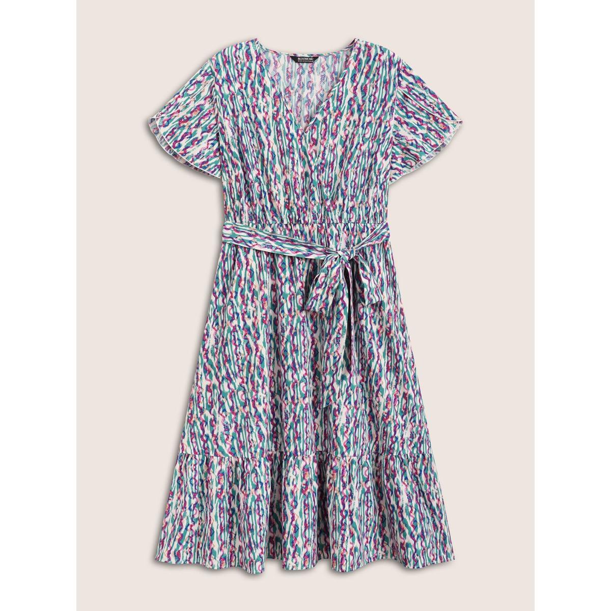 Plus Size V Neck Striped Belted Petal Sleeve Dress Turquoise Women Resort Belted V-neck Short sleeve Curvy BloomChic 12/L Product Image