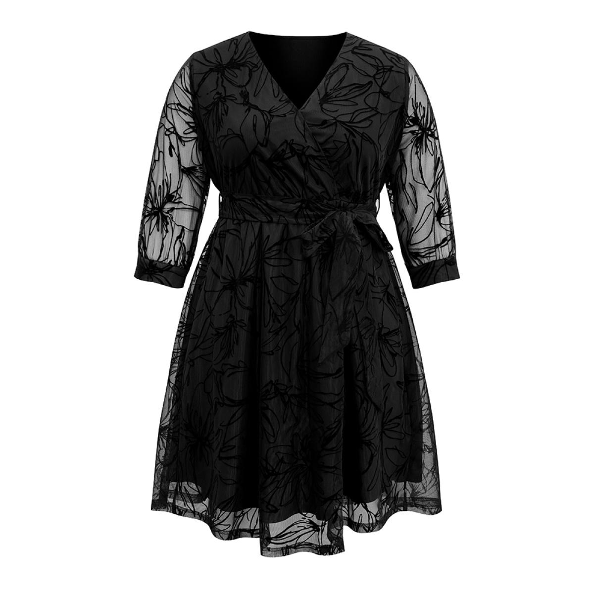 Plus Size Floral Flocked Tulle Belted Dress Black Women Glamour Wrap Overlap Collar Elbow-length sleeve Curvy Knee Dress BloomChic 18-20/2X Product Image
