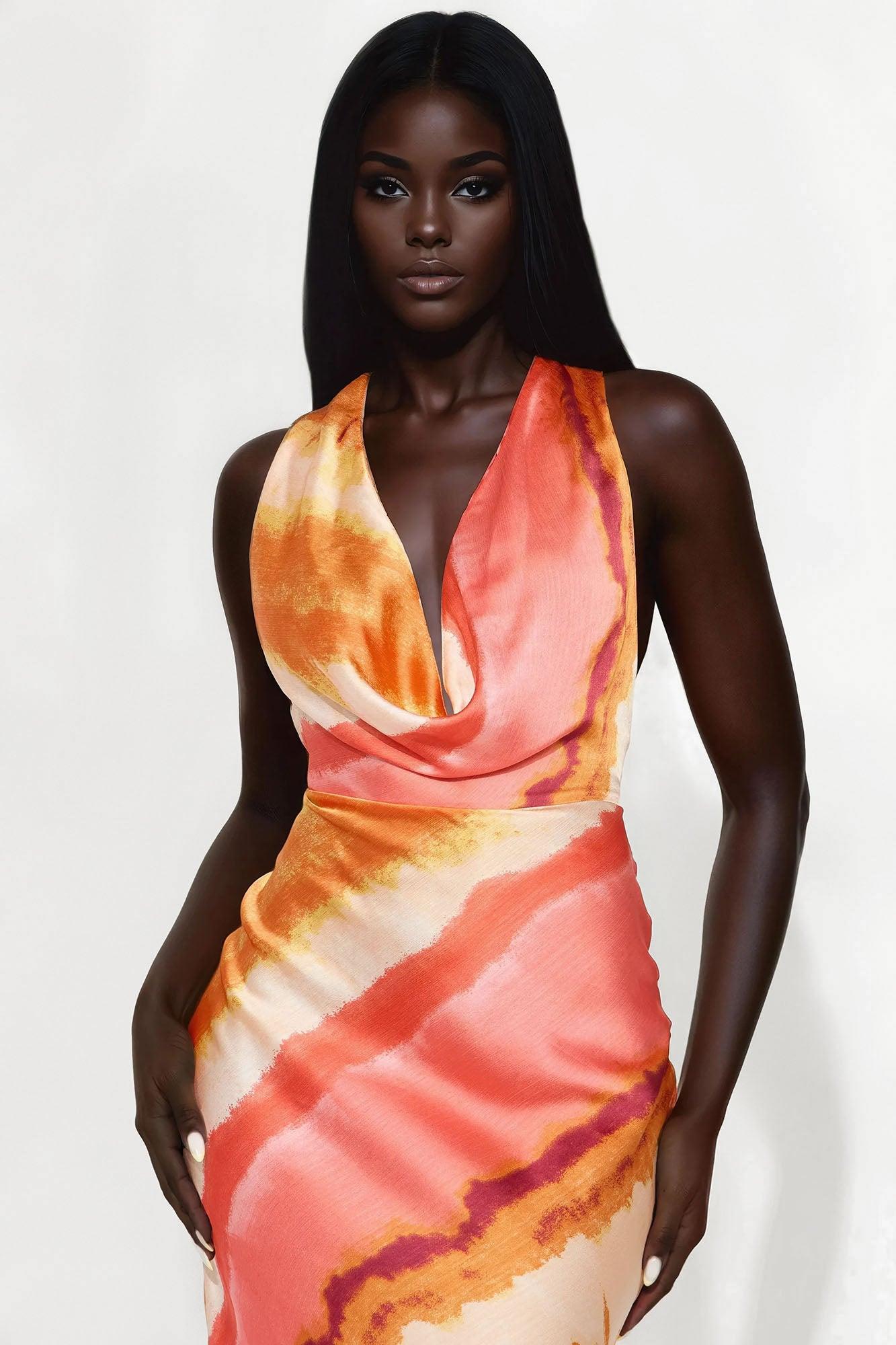 Sunset Hills Backless Satin Maxi Dress - Orange/combo Female Product Image