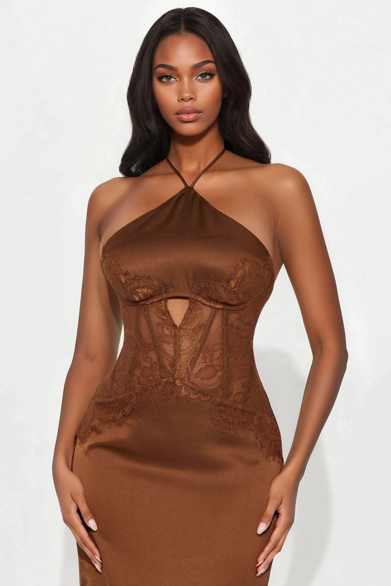 Andrea Satin Lace Maxi Dress - Chocolate Female Product Image