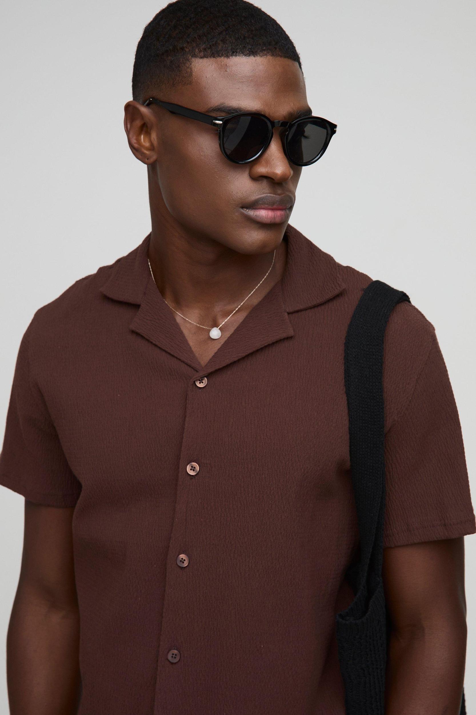 Regular Fit Seersucker Crinkle Revere Shirt | boohooMAN USA Product Image