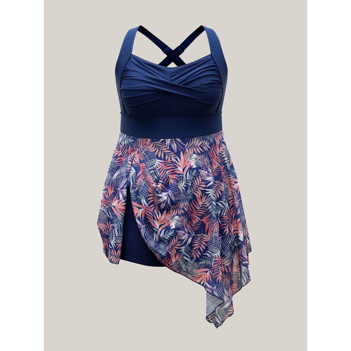 Plus Size Tropical Print Mesh Twist Front Swim Dress Women's Swimwear Indigo Beach Skinny Heart neckline High stretch Curve Swim Dresses BloomChic 28/5X Product Image
