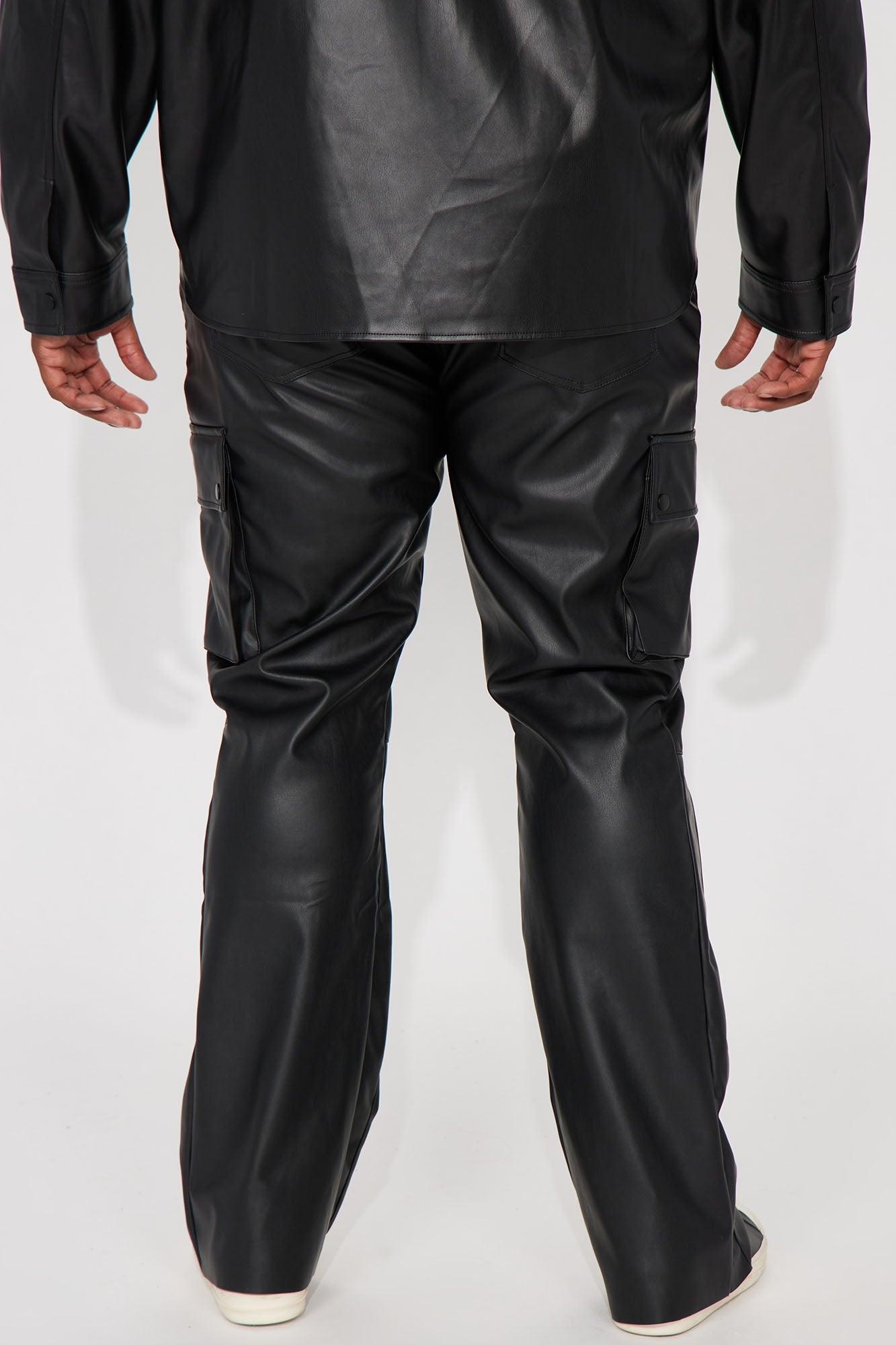 Finest Faux Leather Cargo Slim Flare Pants - Black Product Image