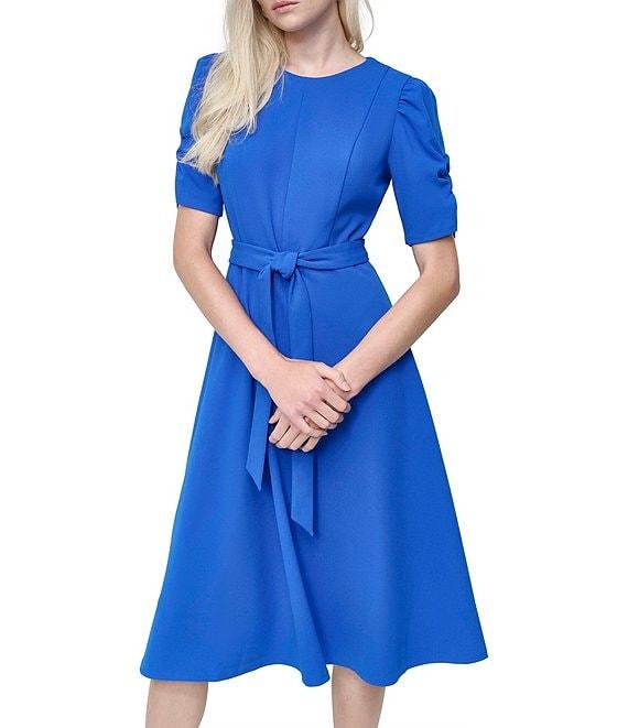 DKNY by Donna Karan Stretch Crew Neck Short Ruched Sleeve Fit and Flare Midi Dress Product Image