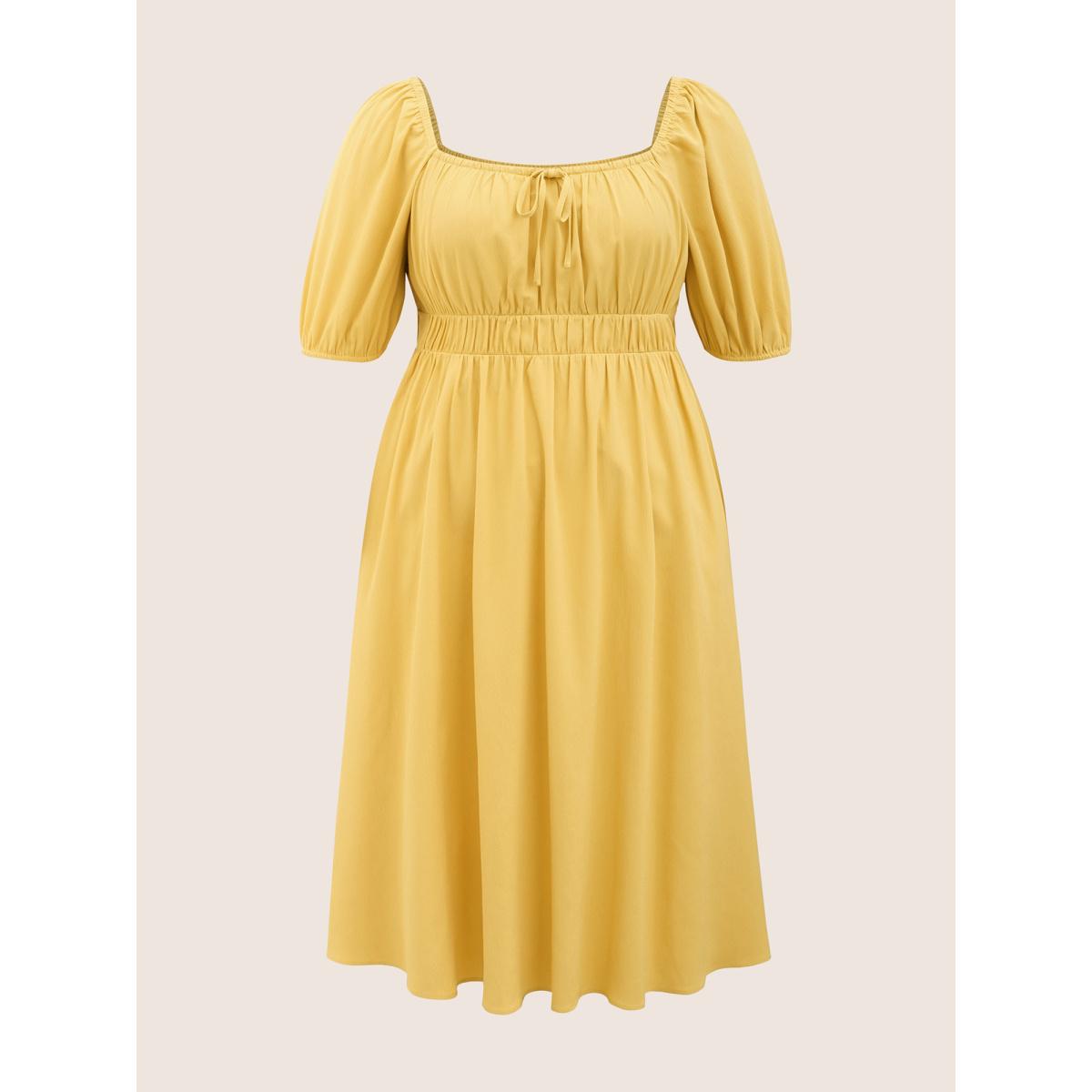 Plus Size Plain Lantern Sleeve Drawstring Square Neck Dress Yellow Women Elegant Non Square Neck Short sleeve Curvy Midi Dress BloomChic 14-16/1X Product Image