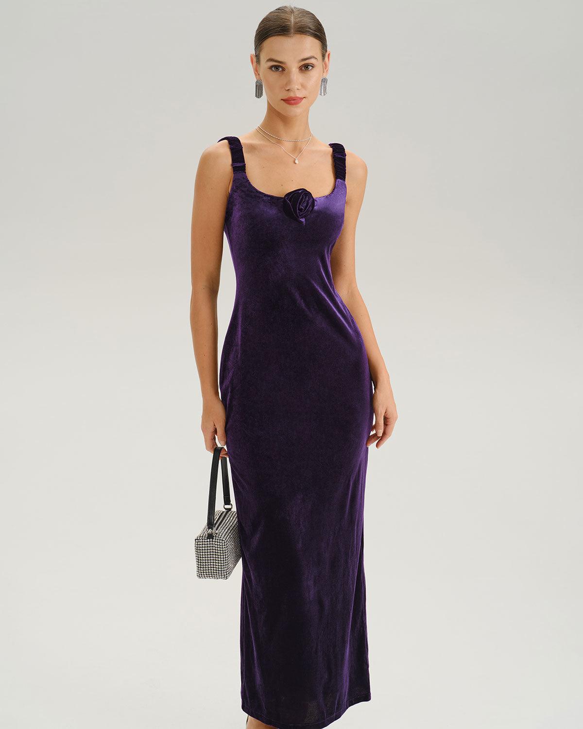 Purple U Neck Bodycon Velvet Maxi Dress Product Image