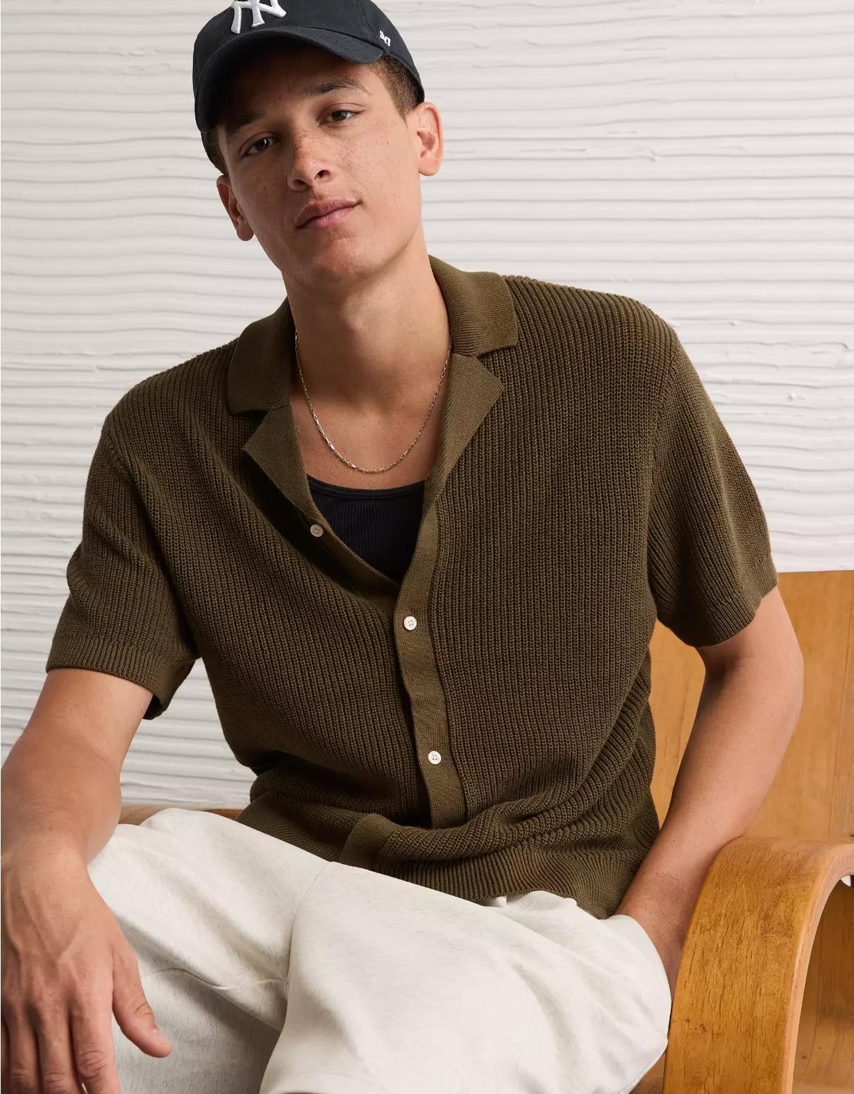 AE Shaker Button-Up Sweater Polo Shirt Product Image