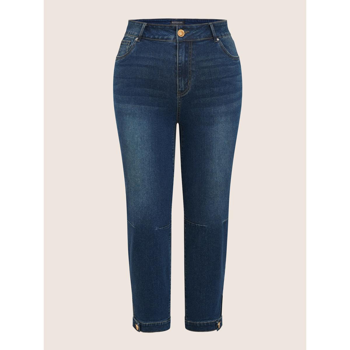 Plus Size Dark Wash Button Detail Split Hem Tapered Jeans Women Blue Casual Plain Non High stretch Slanted pocket Jeans BloomChic 14/1X Product Image