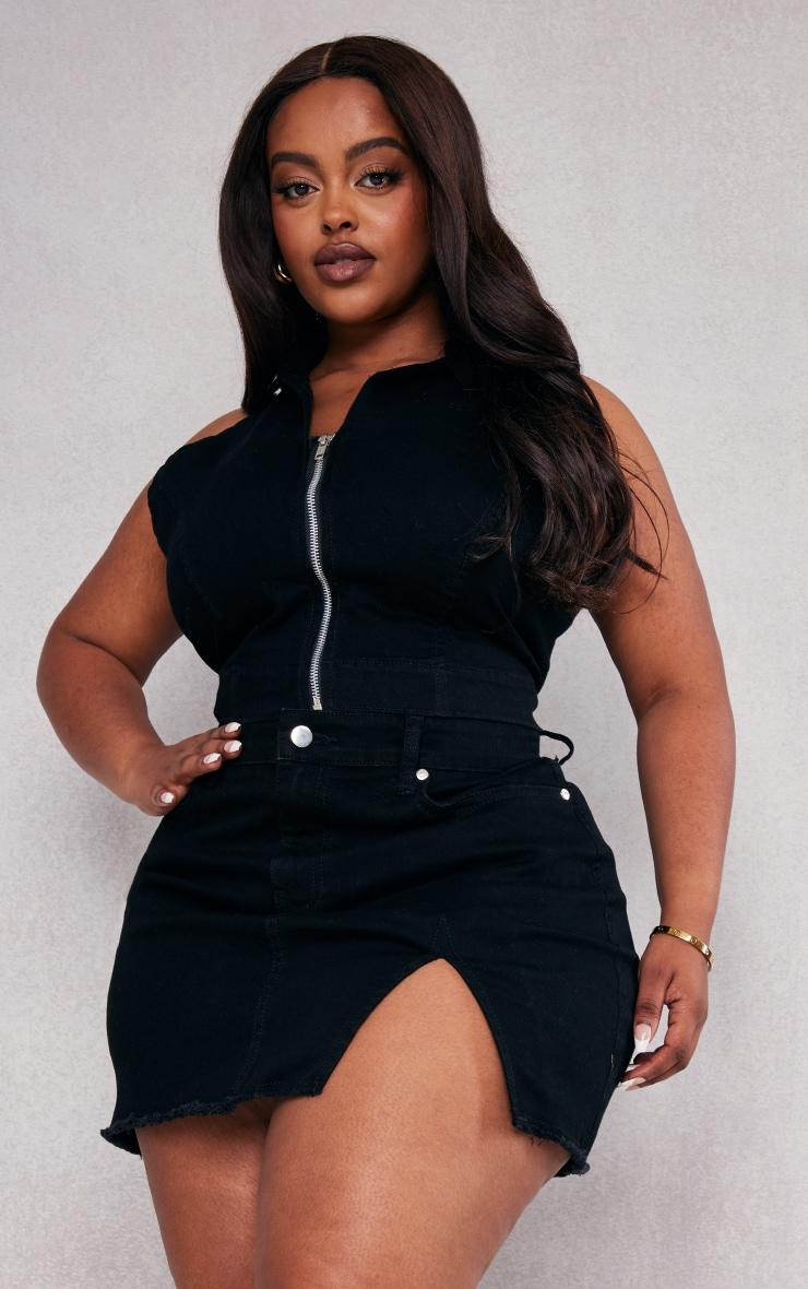 Plus Black Stretch Denim Split Detail Mini Skirt Product Image