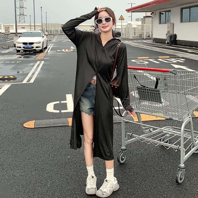 Long Sleeve Hooded Plain Sun Protection Zip-Up Long Jacket Product Image