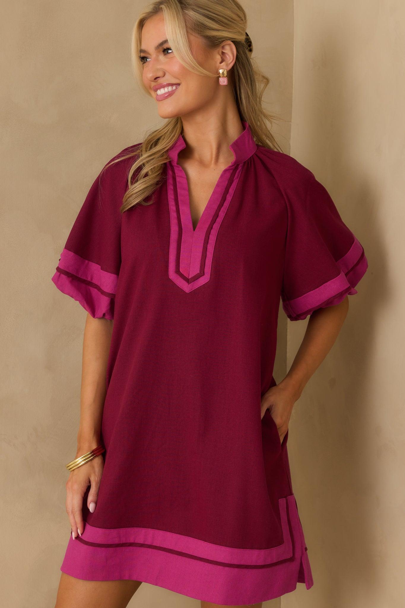 Made It Work Berry Linen Blend Short Sleeve Mini Dress L / Berry Product Image