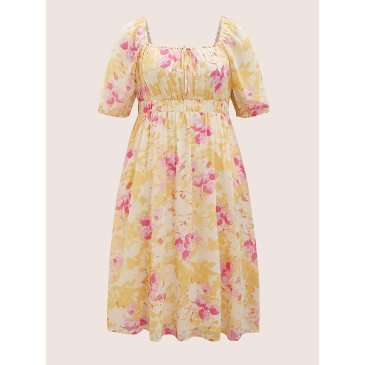 Plus Size Watercolor Floral Cross Straps Gathered Dress Lightyellow Women Elegant Gathered Square Neck Half Sleeve Curvy BloomChic 14-16/1X Product Image