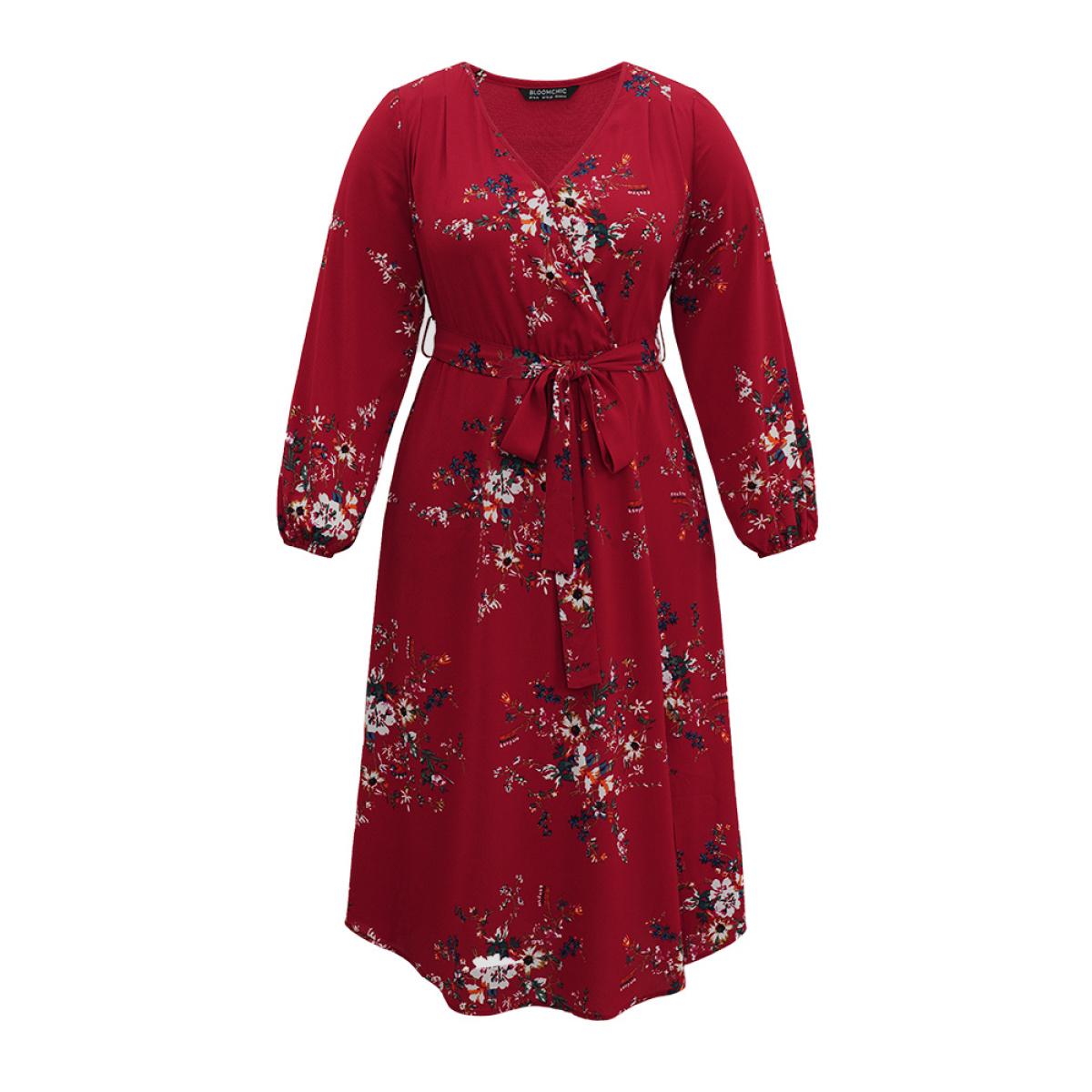 Plus Size Floral Print Belted Split Surplice Neck Dress Scarlet Women Elegant Elastic cuffs Overlap Collar Long Sleeve Curvy Midi Dress BloomChic 12/L Product Image