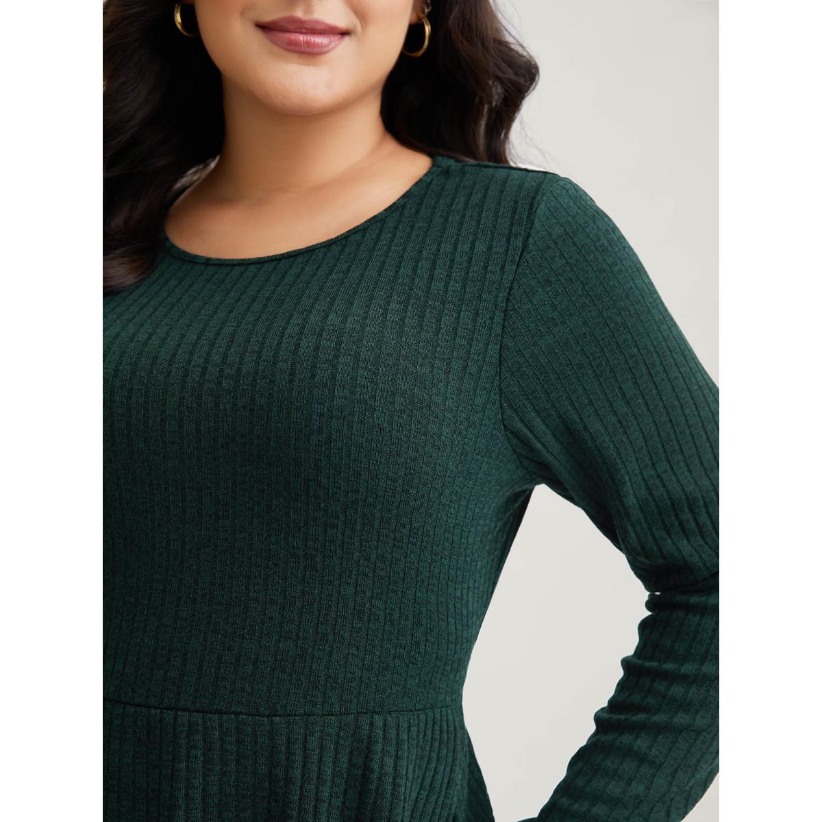 Plus Size Solid Pocket Rib Knit Ruffle Hem Dress Without Belt DarkGreen Women Leisure Non Round Neck Long Sleeve Curvy Midi Dress BloomChic 28/5X Product Image