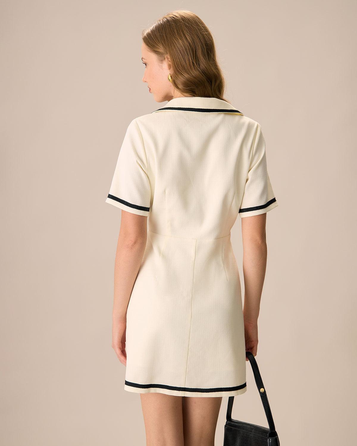 Women's Beige Lapel Contrasting Mini Dress Female Product Image