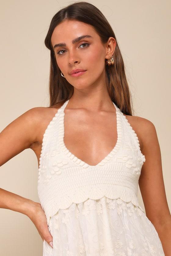 Always So Angelic Cream Knit Mesh Embroidered Halter Mini Dress Product Image