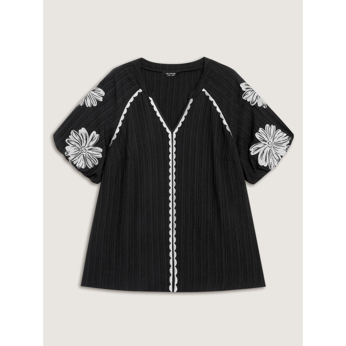 Plus Size Black Textured Floral Embroidered Notched Collar Blouse Women Boho Half Sleeve Flat collar with V-notch Vacation Blouses BloomChic 22-24/3X Product Image