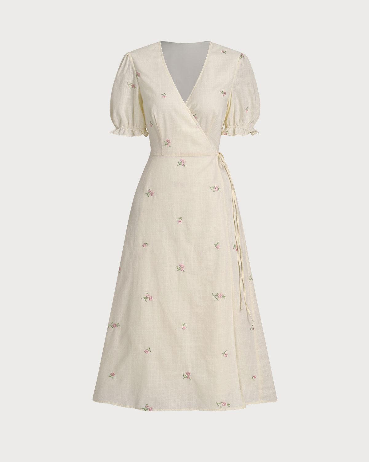 Beige Embroidery Puffed Sleeve Wrap Midi Dress Product Image