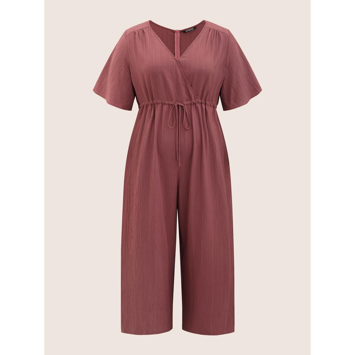 Plus Size Burgundy Plain Texture Drawstring Pleated Wrap Jumpsuit Women Casual Short sleeve Overlap Collar Everyday Loose Jumpsuits BloomChic 22-24/3X Product Image