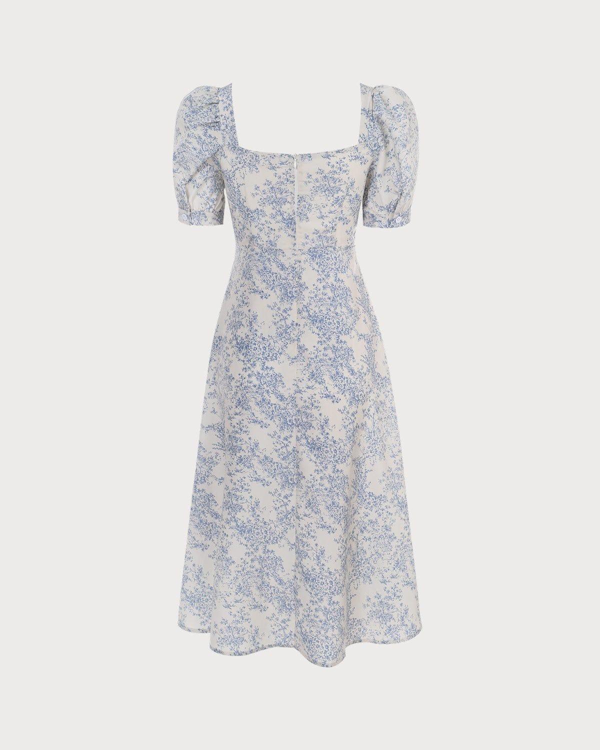 The Blue Sweetheart Neck Puff Sleeve Floral Midi Dress Product Image