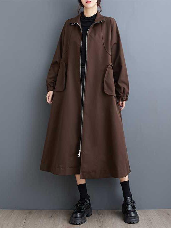 Long Sleeves Loose Elasticity Pockets Split-Joint Zipper High Neck Outerwear Trench Coats Product Image