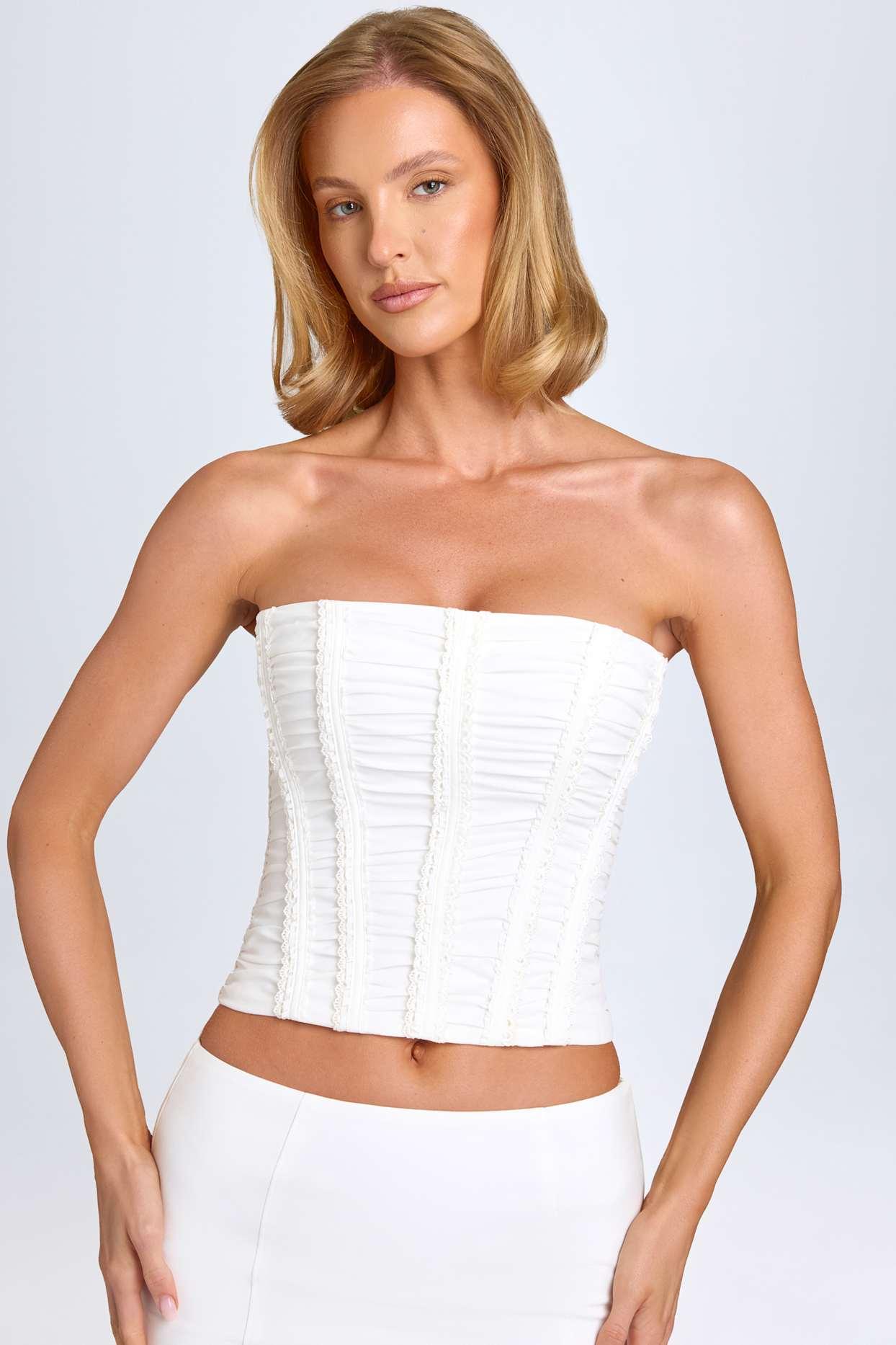 Ruched Lace-Up Corset Top in White Product Image