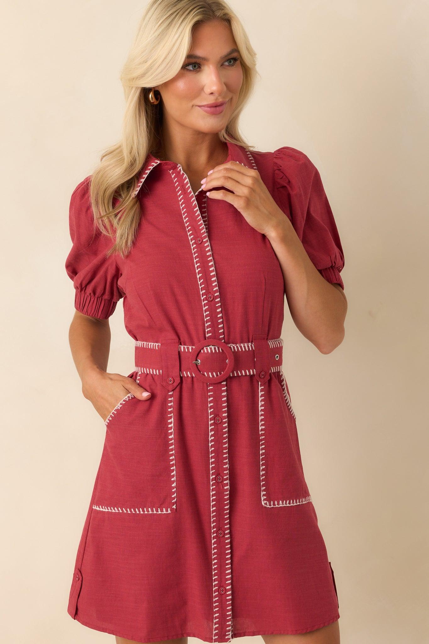 Heard It Before Burgundy Cotton Belted Mini Shirt Dress Product Image