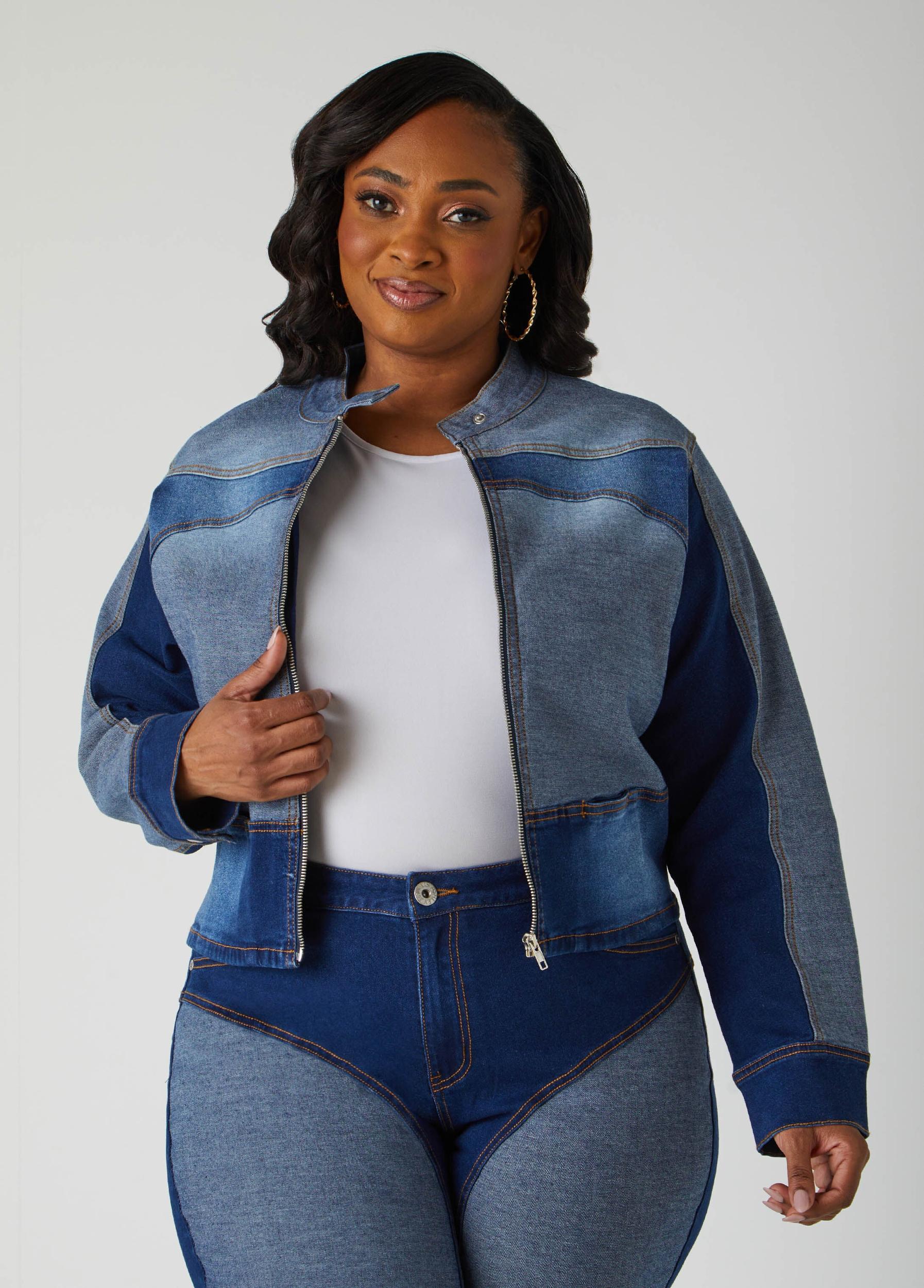 Plus Size Colorblocked Denim Moto Jacket Ashley Stewart Product Image