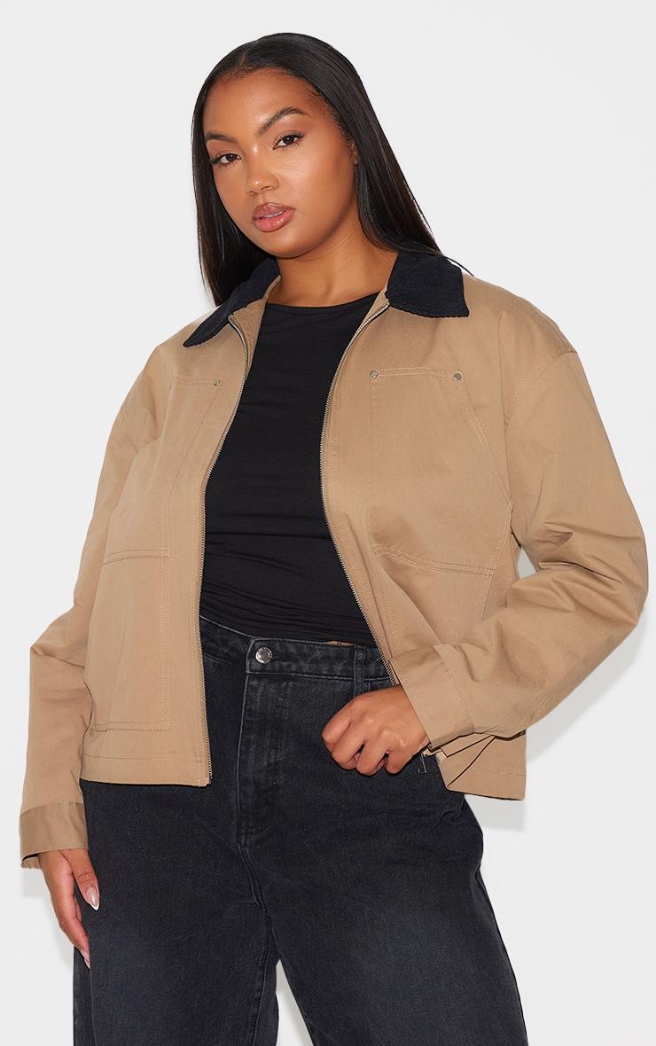 Plus Beige Contrast Collar Pocket Detail Trucker Jacket Product Image