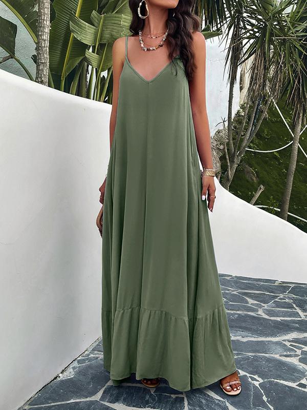 Loose Sleeveless Pleated Solid Color Split-Joint Spaghetti-Neck Maxi Dresses Product Image