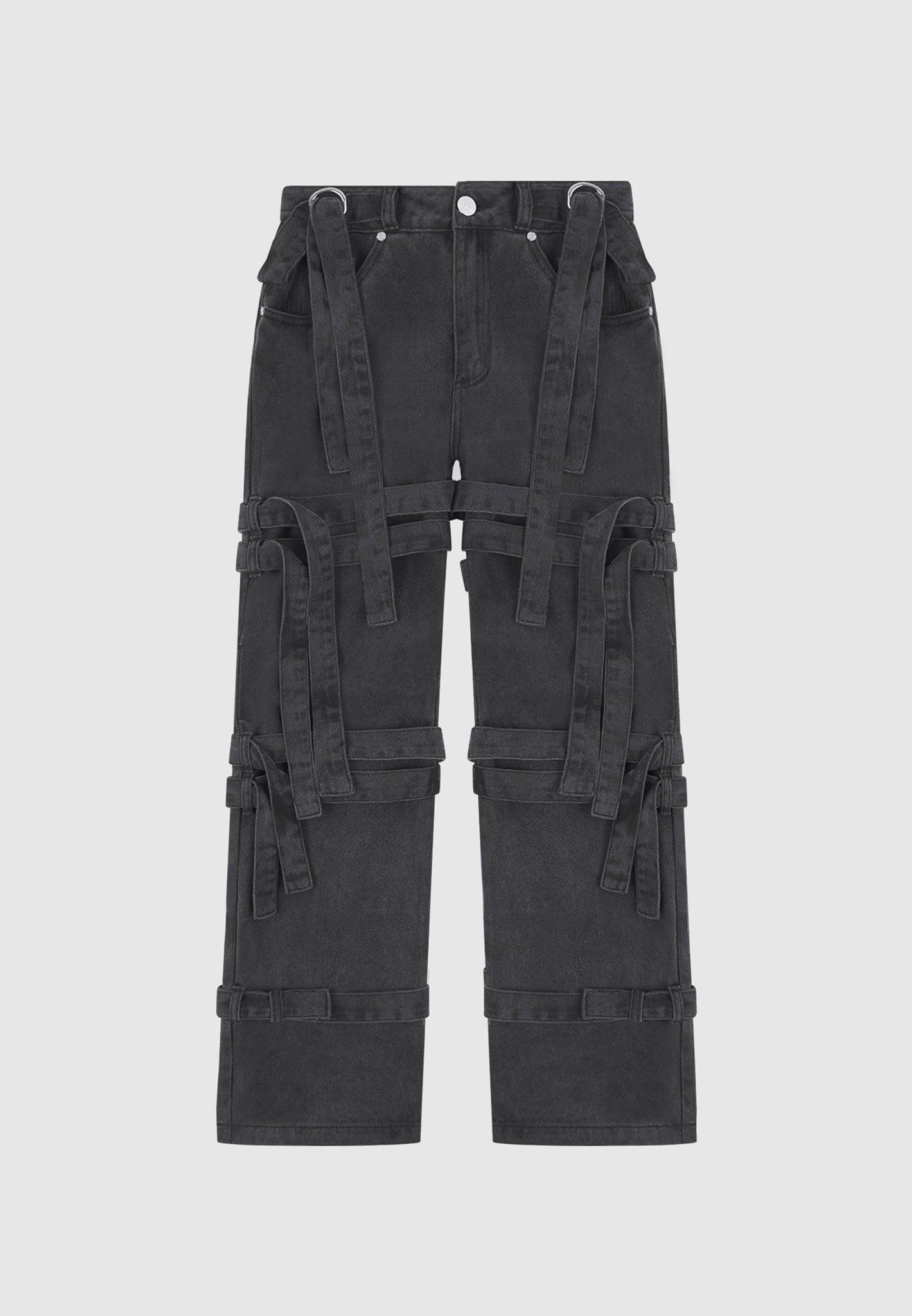 Talia - Denim Strap Cargo Jeans - Washed Black Female Product Image