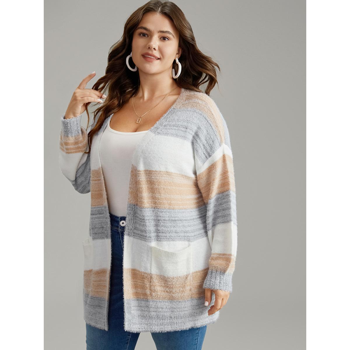 Plus Size Fuzzy Colorblock Heather Drop Shoulder Cardigan Multicolor Women Casual Loose Long Sleeve Dailywear Cardigans BloomChic 10/M Product Image