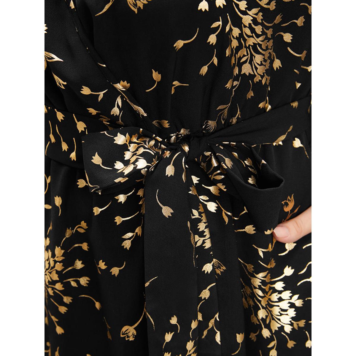 Plus Size Floral Pocket Lantern Sleeve Belted Surplice Neck Dress Black Women Party Belted V-neck Long Sleeve Curvy Midi Dress BloomChic 28/5X Product Image