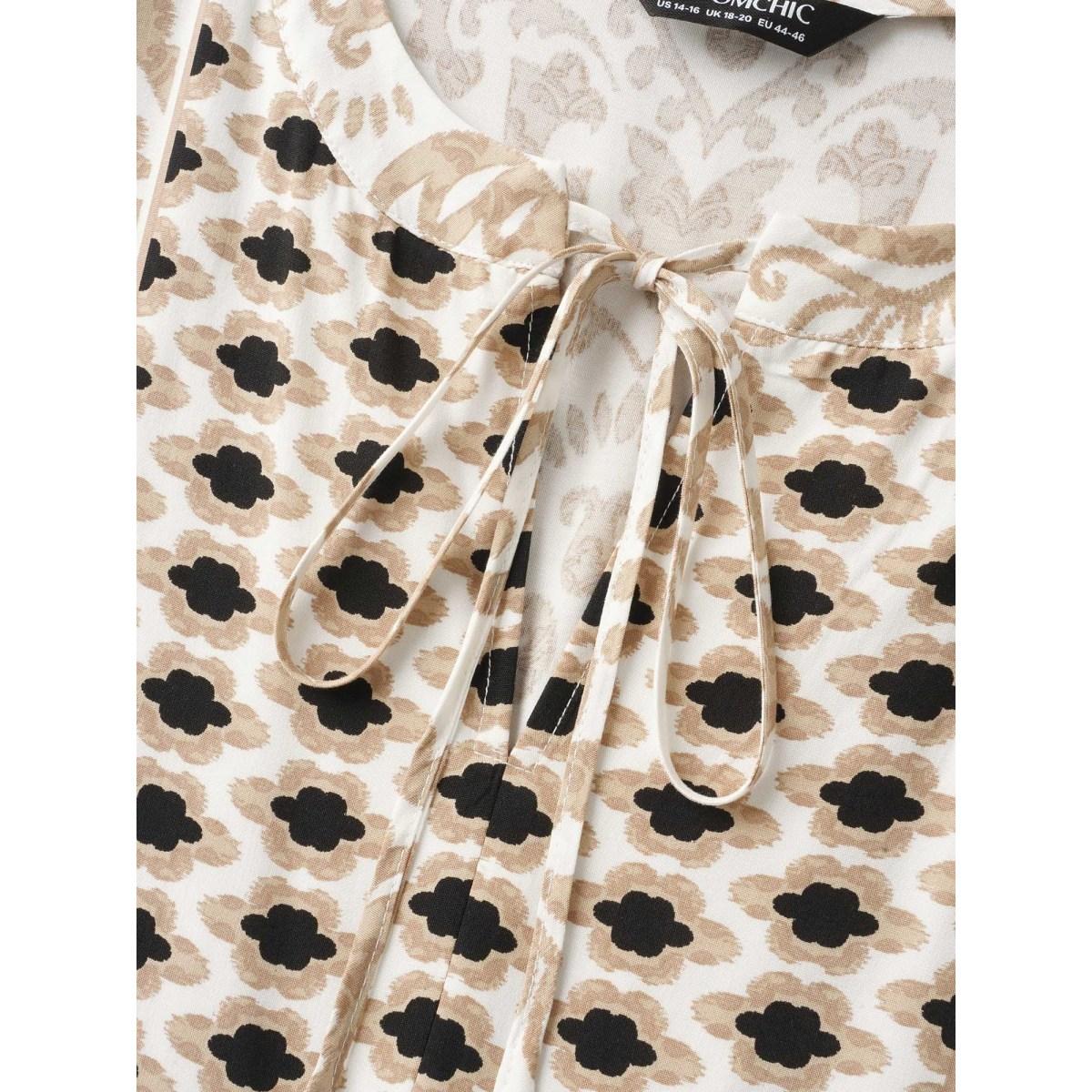 Plus Size Boho Print Tie Knot Lantern Sleeve Dress Tan Women Resort Tie knot V-neck Elbow-length sleeve Curvy BloomChic 22-24/3X Product Image