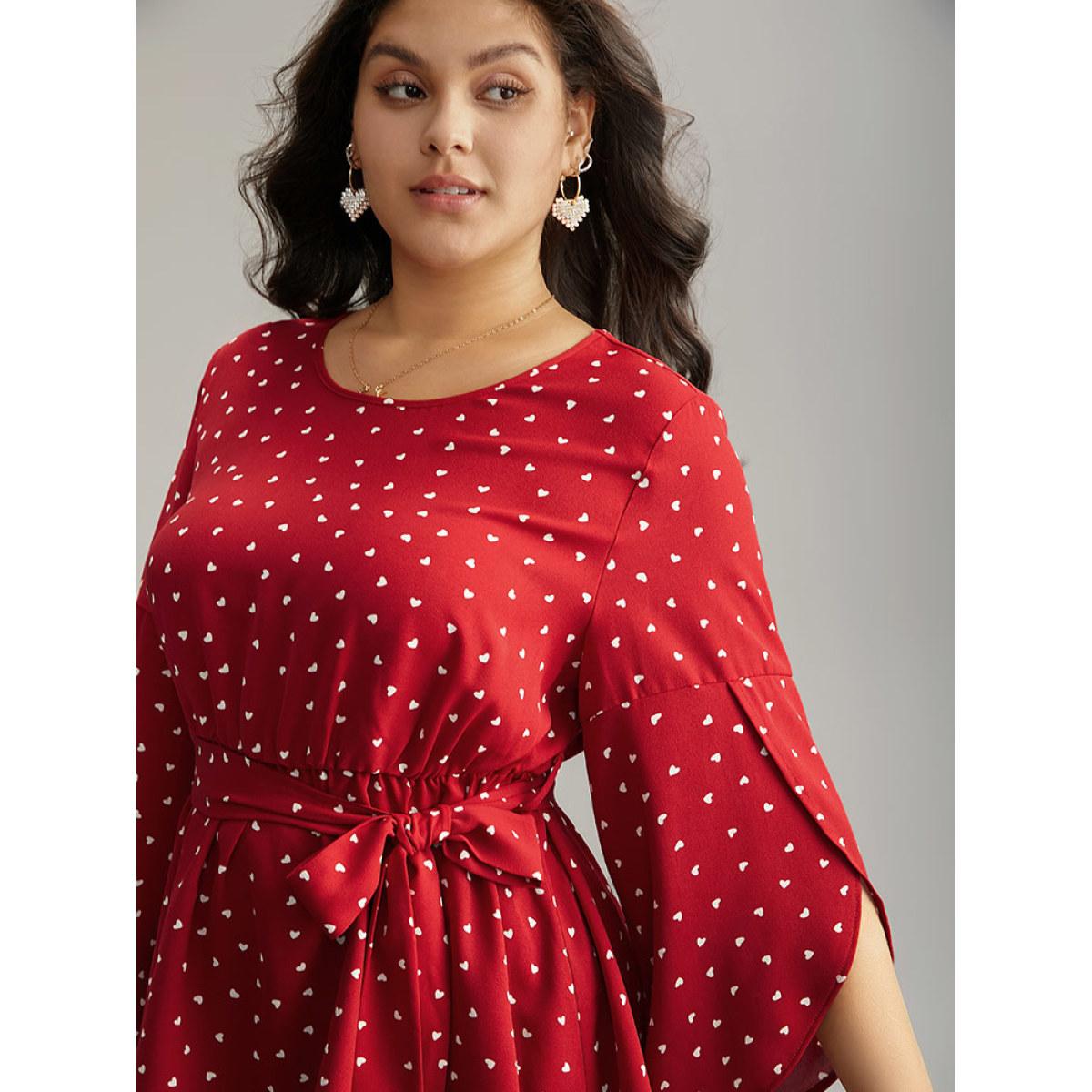 Plus Size Red Heart Print Belted Petal Sleeve High Low Hem Blouse Women Elegant Elbow-length sleeve Round Neck Everyday Blouses BloomChic 18-20/2X Product Image