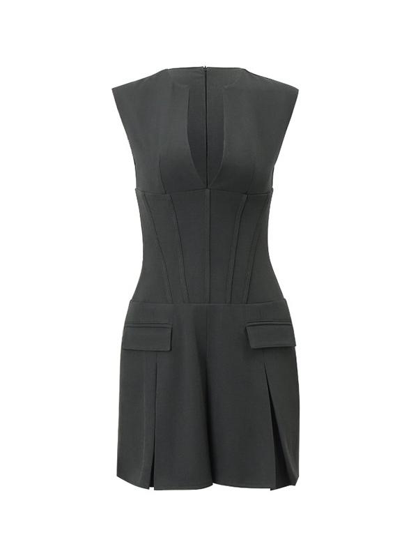 Solid V Neck Corset Pleated Sleeveless Mini Dress Product Image