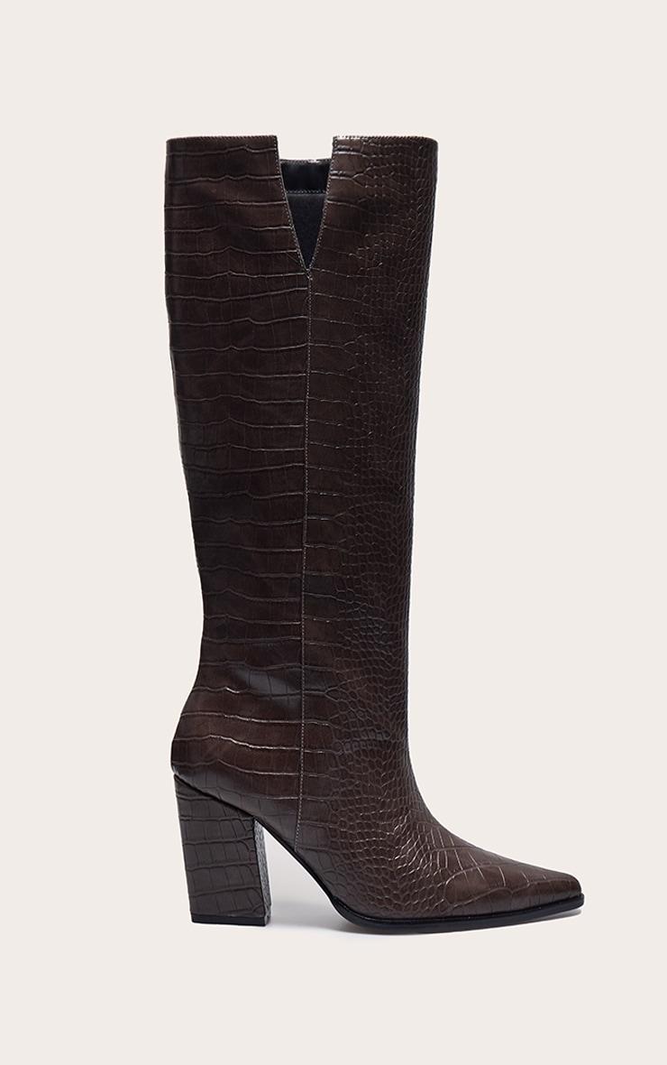 Chocolate Croc PU Point Toe Block Heeled Knee High Boots Product Image