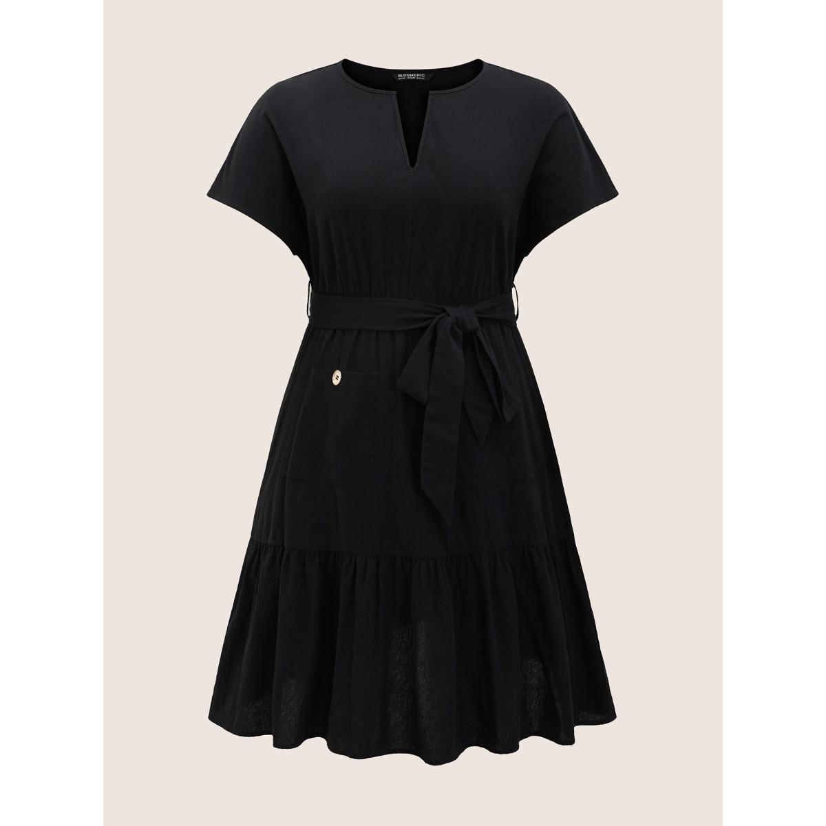 Plus Size Solid Patched Pocket Belted Batwing Sleeve Dress Black Women Work From Home Belted Notched collar Short sleeve Curvy BloomChic 14-16/1X Product Image