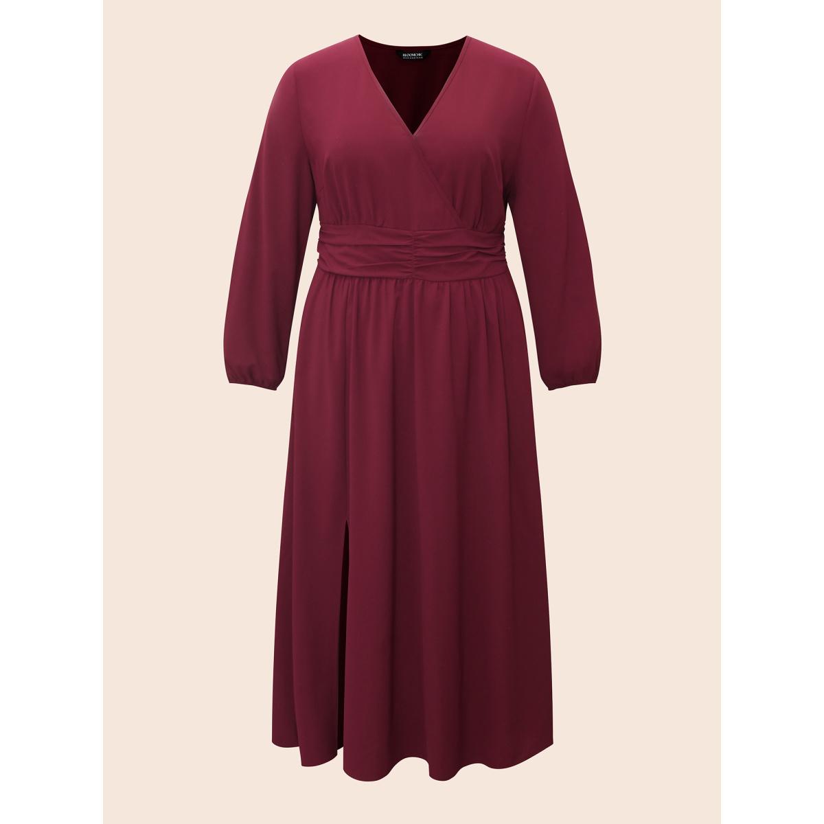Plus Size Overlap Collar Ruched Lantern Sleeve Maxi Dress Burgundy Women Elegant Gathered Overlap Collar Long Sleeve Curvy BloomChic 18-20/2X Product Image