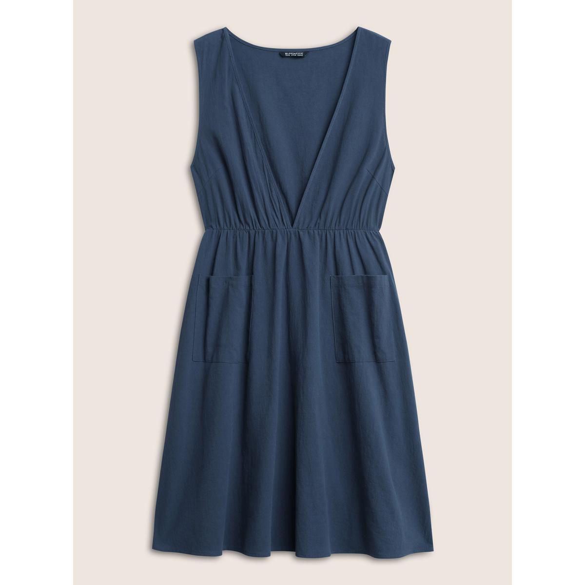 Plus Size Plain Pocket Elastic Waist Deep V Neck Tank Dress Indigo Women At the Office Non Deep V-neck Sleeveless Curvy Midi Dress BloomChic 12/L Product Image