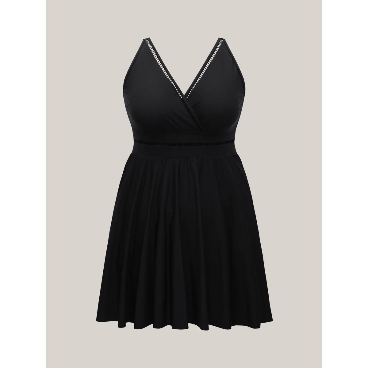 Plus Size Cut-Out Surplice Neck Webbed Swim Dress Women's Swimwear Black Beach Bodycon Overlap Collar High stretch Curve Swim Dresses BloomChic 12/L Product Image