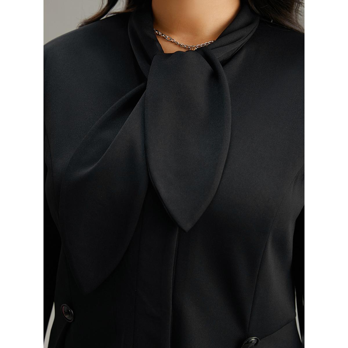 Plus Size Plain Button Detail Asymmetrical Ties Blazer Black Women Dailywear Plain Plain Sleeve Long Sleeve Asymmetrical Neck 18-20/2X Elegant Blazers BloomChic Product Image
